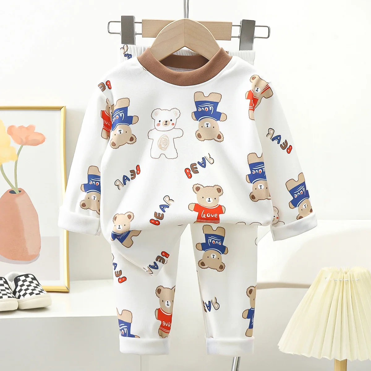 New Kids Autumn Warm Pajamas Boys Girls Cute Cartoon Bear Long Sleeve T-Shirt Top + Pants Baby Sleepwear Underwear Clothing Sets