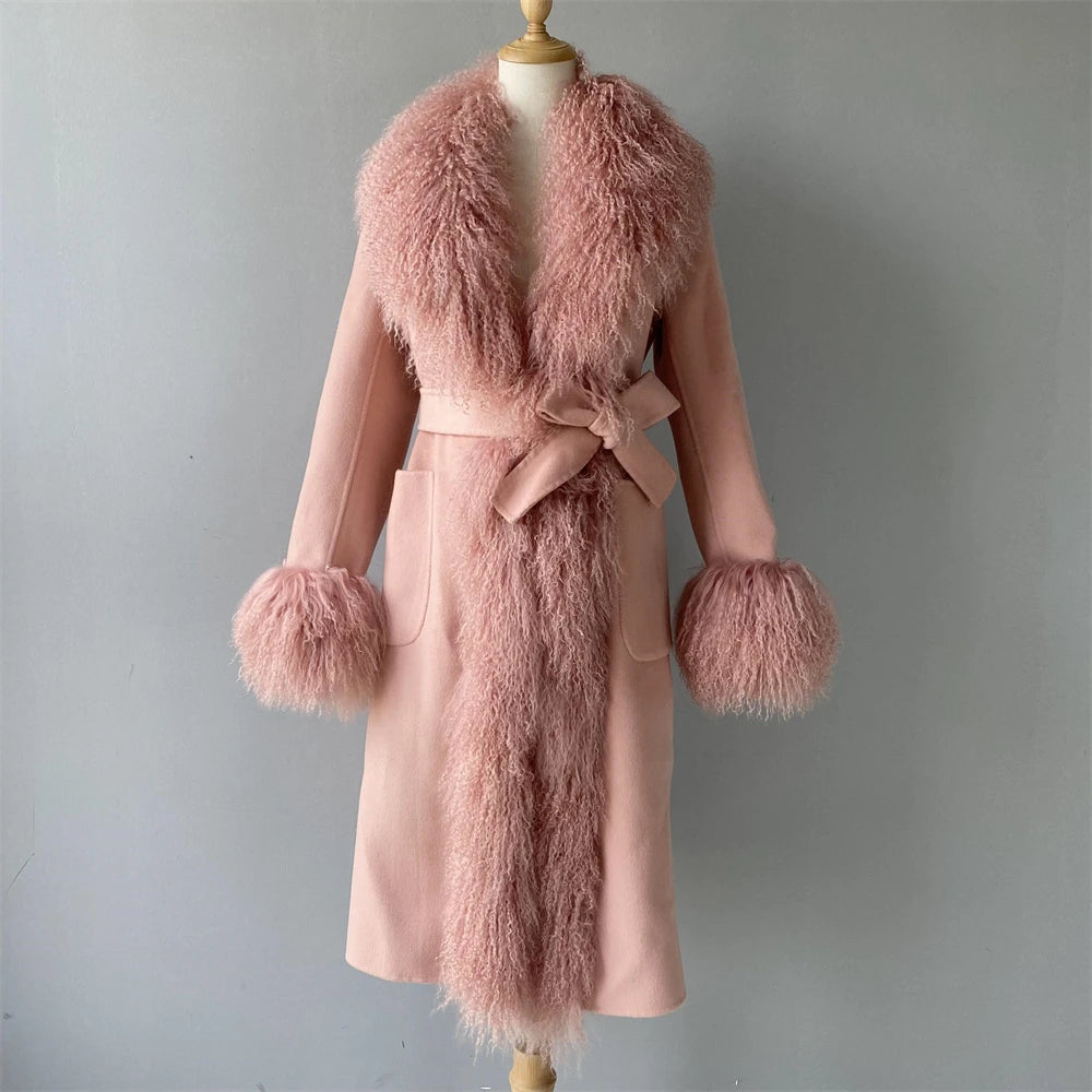 Women Mongolian Sheep Fur Coat Long Style Cashmere Jacket With Real Fur Trim Lady Autumn Winter Fashion Warm Outerwear