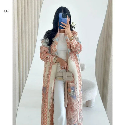 Autumn Women's Long Coat, Retro Printed Long Sleeved Muslim Abaya Saudi Fashion Wrinkled Waist Belt