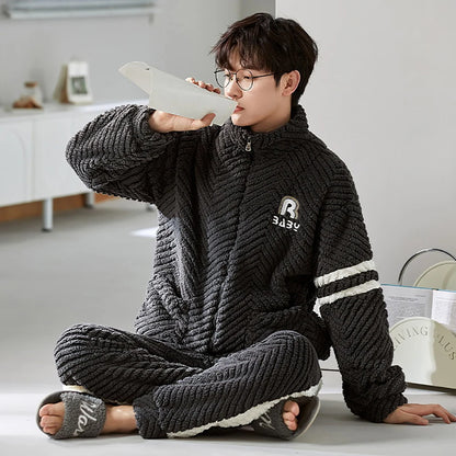 Antistatic Coral Fleece Men's Winter Pajamas Set Thicken Flannel Warm Sleepwear Big Size 3XL Zipper Soft Pajama Men pyjama homme