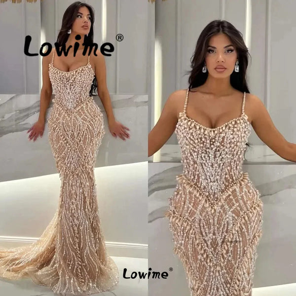 1&Only Champagne Pearl Prom Dress Mermaid Spaghetti Straps Wedding Party Dress Customized Arabic Celebrity Dresses Elegant Evening Gown