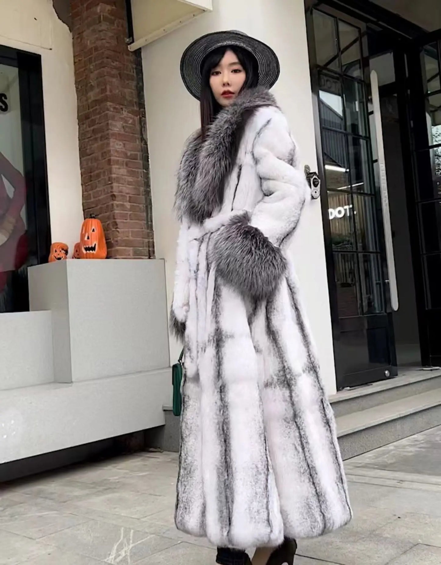 Luxury Real genuine natural rabbit fur coat with fox fur collar fox fur cuff women's fashion