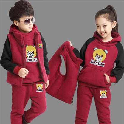 2025 Boys Padded Warm Set Children's Hooded Cartoon Solid Colour 3 Pcs Autumn Winter New Girls Sweatshirt Cute Casual Suit 4-12Y