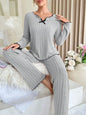 Women Autumn Winter Sleepwear Ribbed Pajamas Set Long Sleeve Top and Long Pants 2 Piece Set Casual Homewear Loungewear