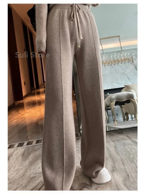 Women's Wool Wide-Leg Pants Fall/Winter High Waist Drooping Slimming Casual Loose Straight Knit Mop Trousers Outer Wear