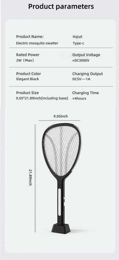 3 In 1  Widening of The Power Grid Electric Mosquito Swatter 3000V C-type Charging Mosquito and Fly Killer