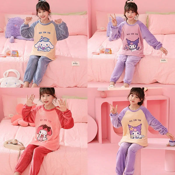 Miniso 2025 Winter Pajamas Sets Children Flannel Warm Sleepwear Kawaii Anime Cartoon Boy Girl Pijama Suit Autumn Kids Loungewear