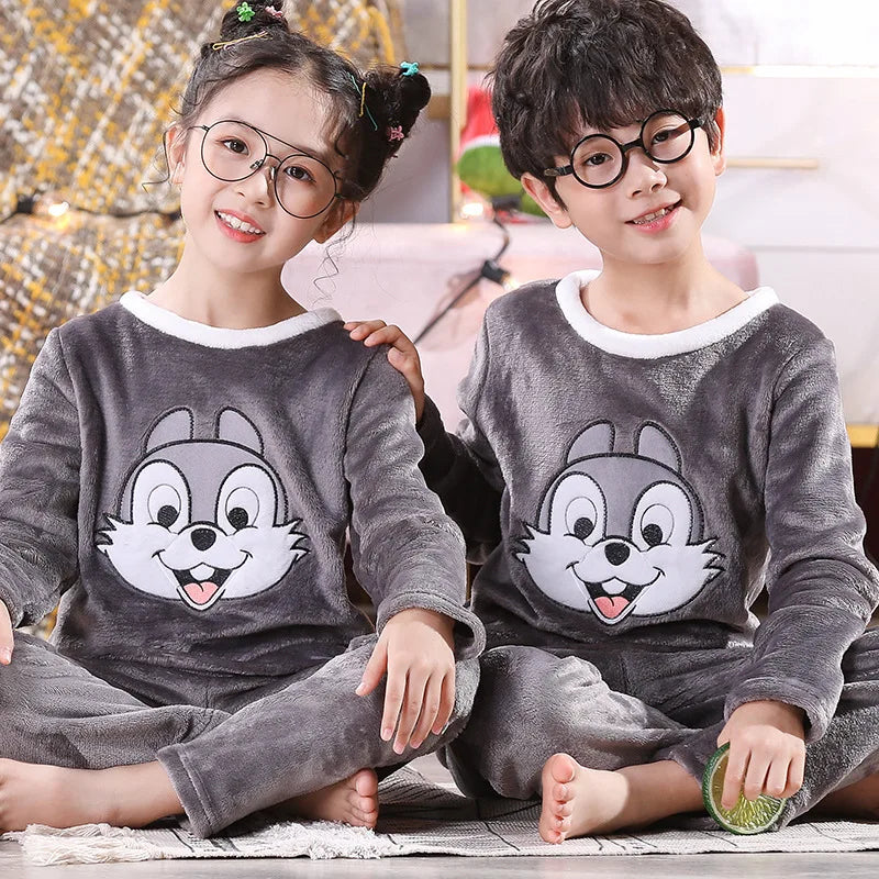 Children Winter Cartoon Pajamas Flannel Sleepwear Girls Nightwear Coral Fleece Kids Pijamas Homewear Boys Pyjama Teenage Clothes