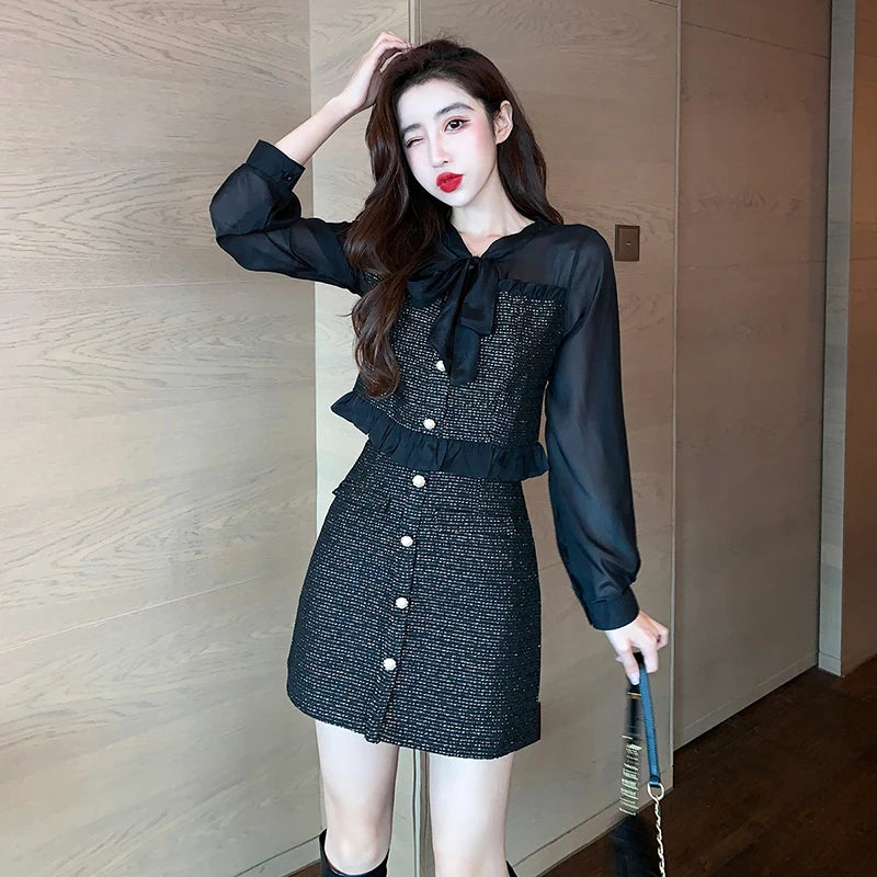 Elegant Commuter Suit Autumn New French Lace-Up Bow Chiffon Ruffle Edge Splicing Shirt+High Waist A-Line Skirt 2-Piece Set Women