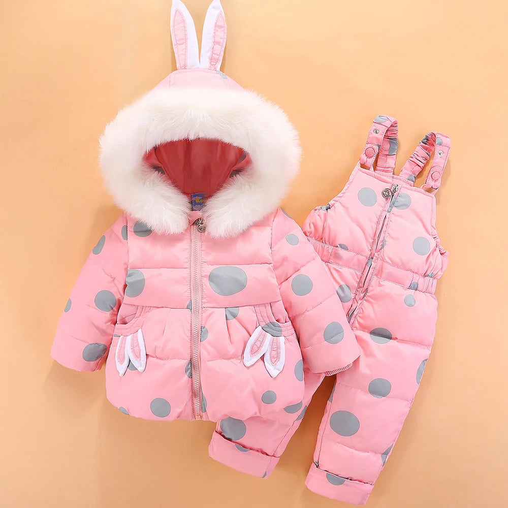 OLEKID 2024 Baby Girls Winter Down Snowsuit Cartoon Rabbit Jacket Coat Overalls Infant Girls Clothes Set 1-4 Years Toddler Suit