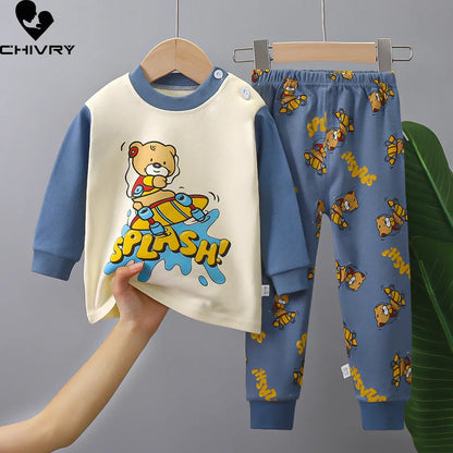 2025 New Kids Autumn Warm Pajamas Baby Boys Girls Cartoon Dinosaur Long Sleeve T-Shirt with Pants Pyjamas Toddler Clothing Sets