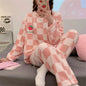 Autumn Winter Kawaii Cartoon Pajama Sets Women Pyjamas Plaid Flannel Loung Sleepwear Girl Pijama Night Suits Homewear PJ Suit