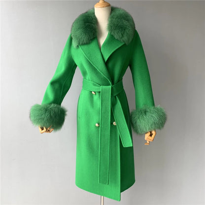 Women's Cashmere Wool Coat Spring Real Fox Fur Collar Woolen Trench Jacket Winter Adjustable Waist Slim Ladies Long Overcoat