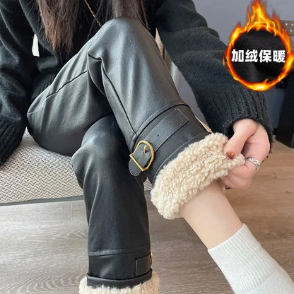 Plus Velvet Straight Black Leather Pants Women's Autumn Winter High Waist Loose Pantalones Splicing Lambswool Pu Leather Pants