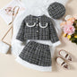 2-6Y Fashion Little Girl Winter Outfit Long Sleeve Button-up Jacket Fuzzy Trim Mini Skirt Beret Hat 3 Pcs Children's Sets