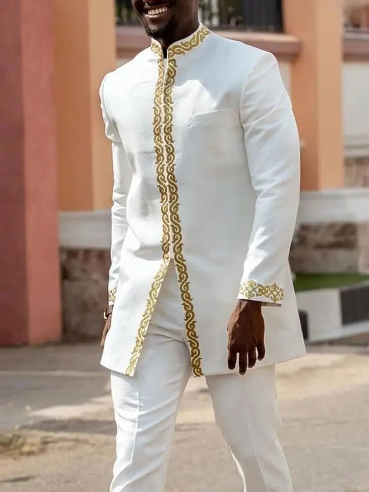 White Kaftan Men's Suit Embroidery Floral Top Pants Kaunda Suit African Casual Outfits Wear Traditional 2PCS Set Wedding Tuxedo