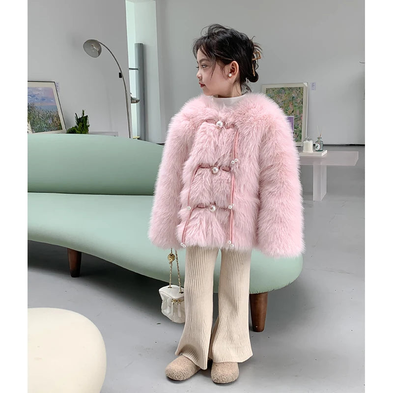 Little Girl Pink Faux Fur Jacket Coat Warm Winter Autumn Thick Fleece Outwear Fashion Kids Plush Outerwear Toddler Child Clothes