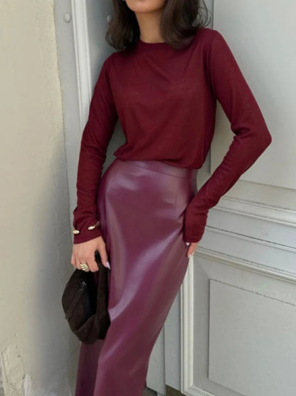 Trendix Women Elegant Burgundy Skirt High Waist Slim Fashion Slit Long Skirts Female Party Slim Club Sexy Vintage PU Skirts