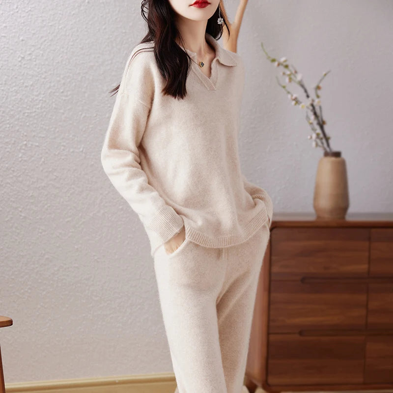 100% Pure Wool Knitted Suit Women's 24 Autumn Winter New Fashion POLO Collar Pullover Sweater Commuting Calf Pants Two-Piece Set