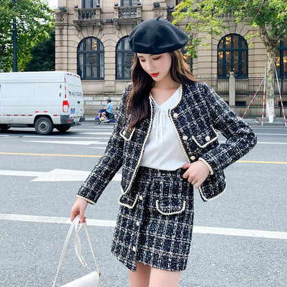 New Runway Tweed Suit Women Pearls Bottons Plaid Short Jacket Coat + Split Mini Skirts Vintage Wool Cashmere Two Piece Set