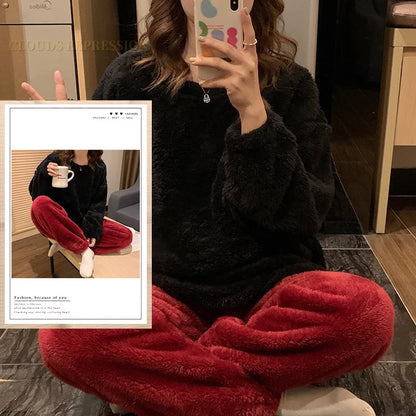 Winter Thermal Fleece Solid Women's Pajama Sets Pyjamas Warm Plush Pjs Loung Sleepwear Girls Pijama Mujer Night Suits Homewear