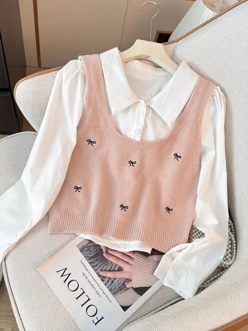 Y2k Vest Knit+shirts Suit  Set Women 2 Pieces