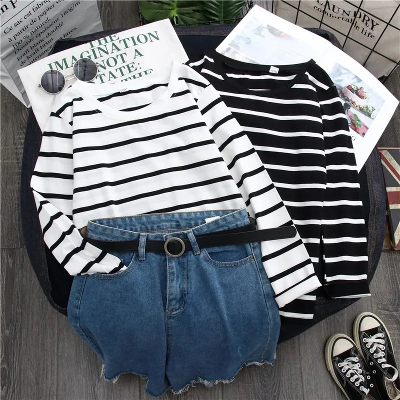 Women Loose Round Collar Autumn Stripes Print Loose Long Sleeve Casual Simple Wild T-Shirt