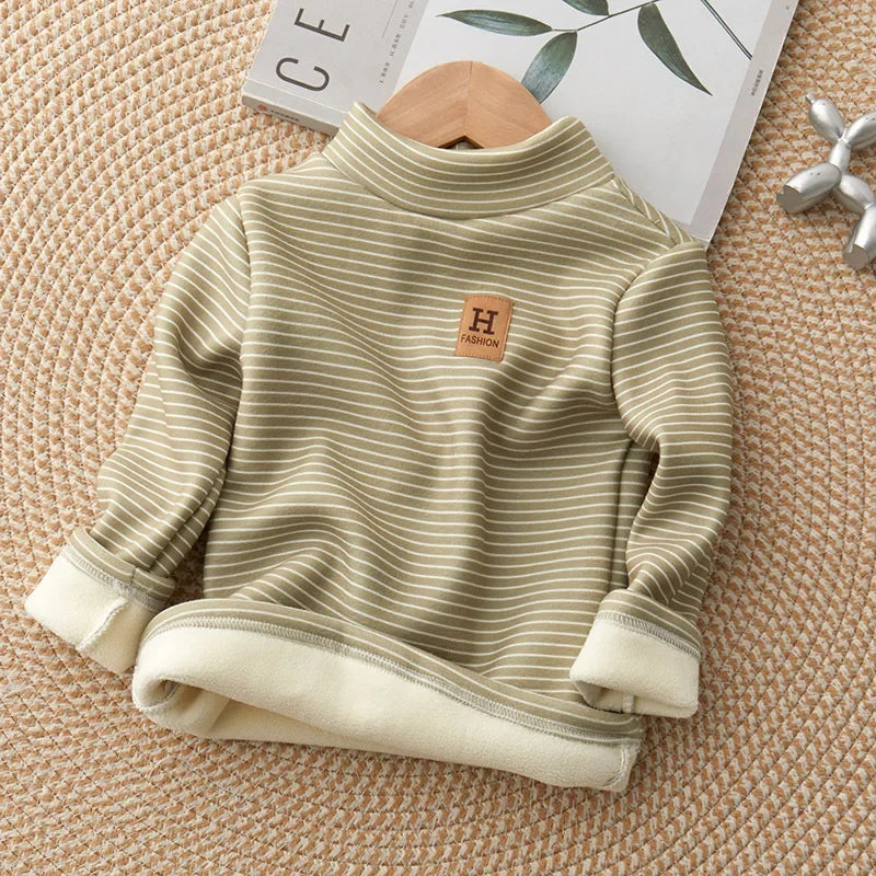 2-10Y Winter Kid's Undershirts Cute Childrens Stripe Bottoming Shirt Warm Boys Fur Lining Top Girls Half High Collar Blouse