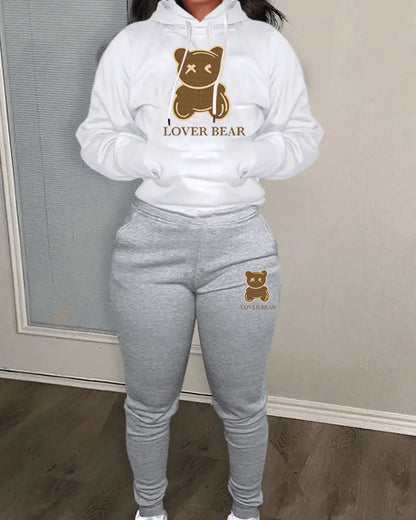 Lovely Bear Letter Print Kangaroo Pocket Tracksuit Set Long Sleeve Hoodie+Drawstring Trousers Women Two Pieces Matching Suits