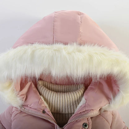 3-6 Years Winter Girls Jackets Fur Collar Fashion Little Princess Coat Warm Hooded Zipper Outerwear Birthday Gift Kids Clothes