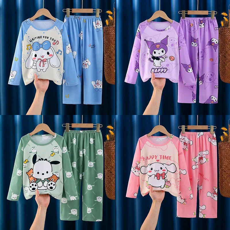 2025 Autumn Kawaii Miniso Children Milk Silk Pajamas Sets Girl Boy Sleepwear Korean Kids Homewear Clothes Cute Anime Loungewear