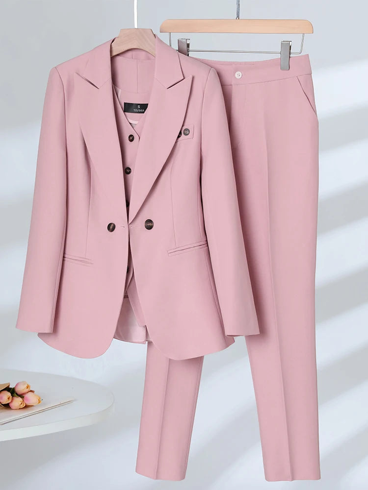 Women Formal Blazer Vest and Pant Suit Autumn Winter Navy Pink Apricot Office Ladies Business Work Career Wear 3 Pieces Set