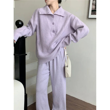 Women Elegant Cashmere Pants Suit for Autumn Winter New Fashion Lapel Sweater Suit Knitwear Casual Pants Female Two-piece Sets