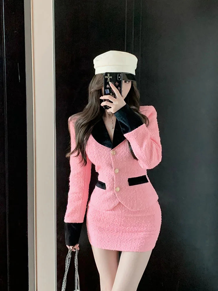 Spring Tweed Set Women's Fragrant Style Velvet Spliced Wool Jacket and High Waist Bodycon Skirt Sets Elegant Pink Two Piece Sets