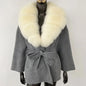 New Belt Pocket Winter Jacket Natural Real Raccoon Fox Fur Blends Wool Coat Women Loose Outerwear Casual Streetwear