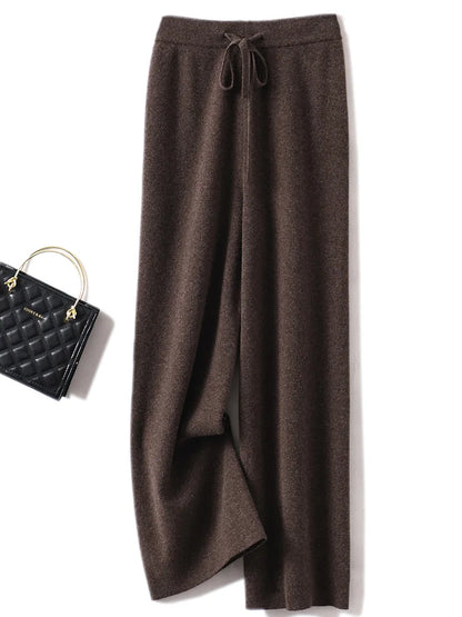 Autumn Winter Women's Cashmere Wide Leg Pants Basic Soft Casual Sashes Trousers 100% Merino Wool Knitwear Korean Popular Pants