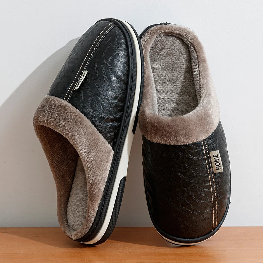 Men's slippers Winter Big Size Indoor Waterproof PU Leather Large Sizes Home Cotton shoes Fur Flat Cotton Bedroom Houseshoes