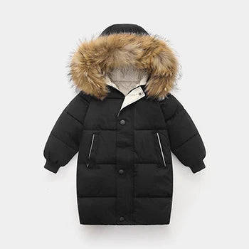 Winter Girls Down Jacket Keep Warm Fur Collar Fashion Little Princess Coat Hooded Boys Long Parkas Outerwear Children Clothing