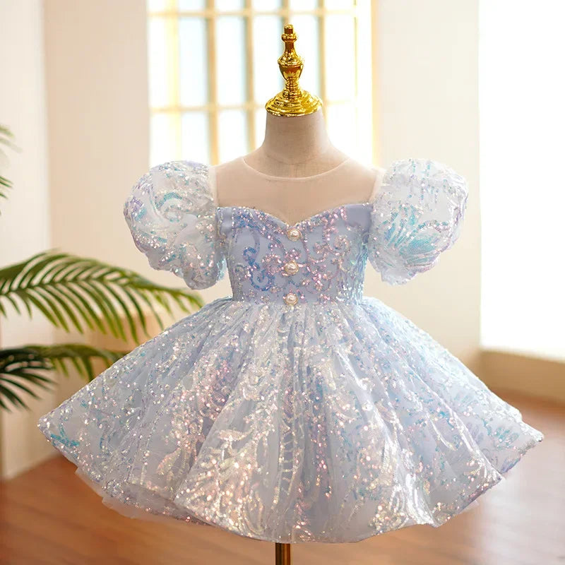 Kids Birthday Party Dresses for Little Girl Size 2 To 14 Years Prom Sequin Dress 2025 Luxury Gowns Sky Blue Evening Formal Frock