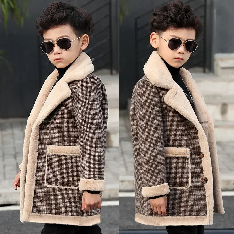 2025 Children Casual Woolen Coat Fall Winter Boys Handsome Plush Velvet Heavy Outerwear Clothes Kids Splicing Pocket Trench Coat