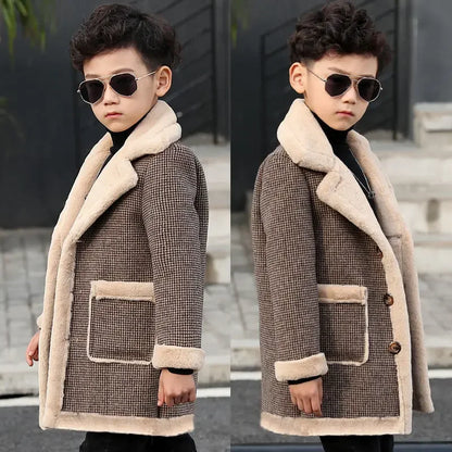 2025 Children Casual Woolen Coat Fall Winter Boys Handsome Plush Velvet Heavy Outerwear Clothes Kids Splicing Pocket Trench Coat