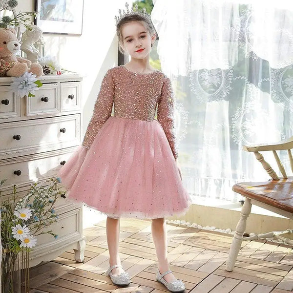 Children's birthday evening dress pink girl piano dress Little girl catwalk flower child wedding dress princess dress autumn