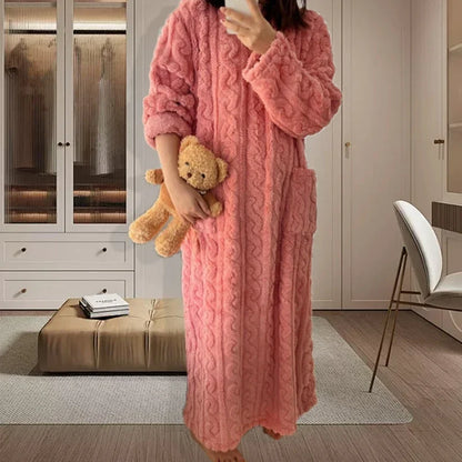 Winter Long Sleeve Double Pocket Flannel Nightgowns Women Loose Solid Sleepwear Jacquard Night Dress Thickened Warm Nightdress