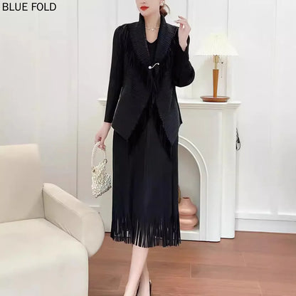 MIYAKE Pleated Design Tassel Dress Suit for Women Spring and Autumn High-end Temperament Mid-length Sleeveless Vest Dress Sets