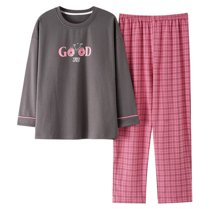 Autumn 100%Cotton Women Pajamas Long Sleeve Women's Pajama Set Print M-5XL Pijama Long Tops+Long Pants Two Piece Set Pyjamas