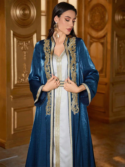 Middle East Autumn Winter Embroidery Abayas Muslim Women 2 Piece Dress Set Marocain Femme Caftan Kimono Jalabiya Kaftan Dubai