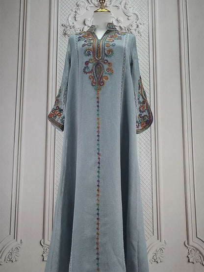 Siskakia Embroideried Luxurious Women's Evening Dress With Long Sleeves V-Neck Fashion Elegant Abayas With Belt Marocain Femme