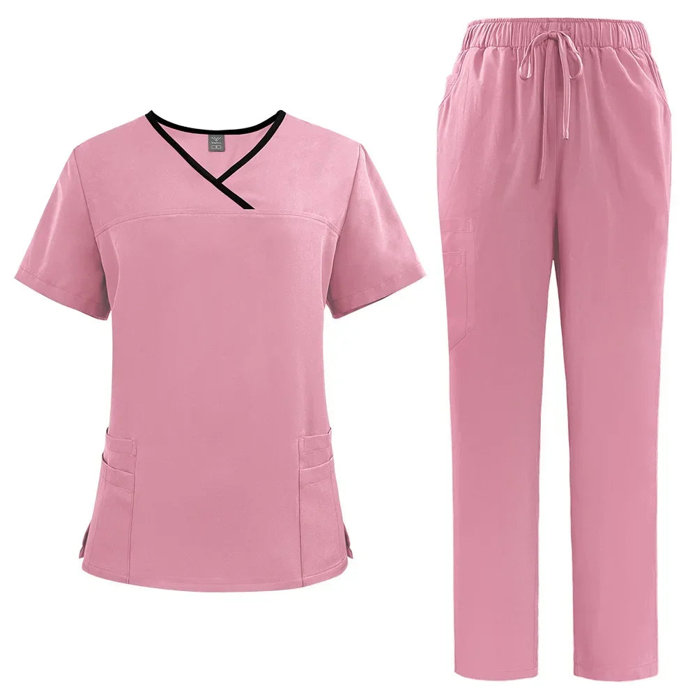 Medical Uniform Trendy Women's Scrub Set Stretch Soft Y-Neck Top Pants Hospital  Pet Clinic Doctor Costume Contrasting Colors