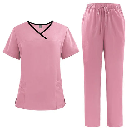 Medical Uniform Trendy Women's Scrub Set Stretch Soft Y-Neck Top Pants Hospital  Pet Clinic Doctor Costume Contrasting Colors