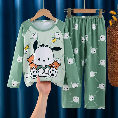 2025 Autumn Kawaii Miniso Children Milk Silk Pajamas Sets Girl Boy Sleepwear Korean Kids Homewear Clothes Cute Anime Loungewear